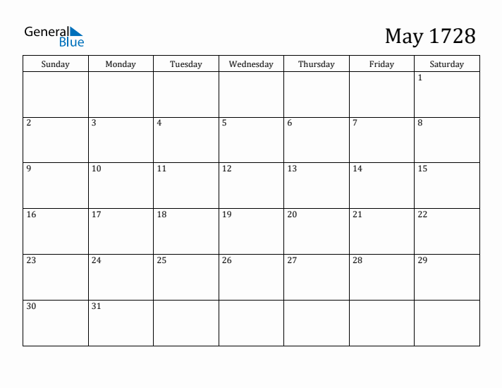 May 1728 Calendar