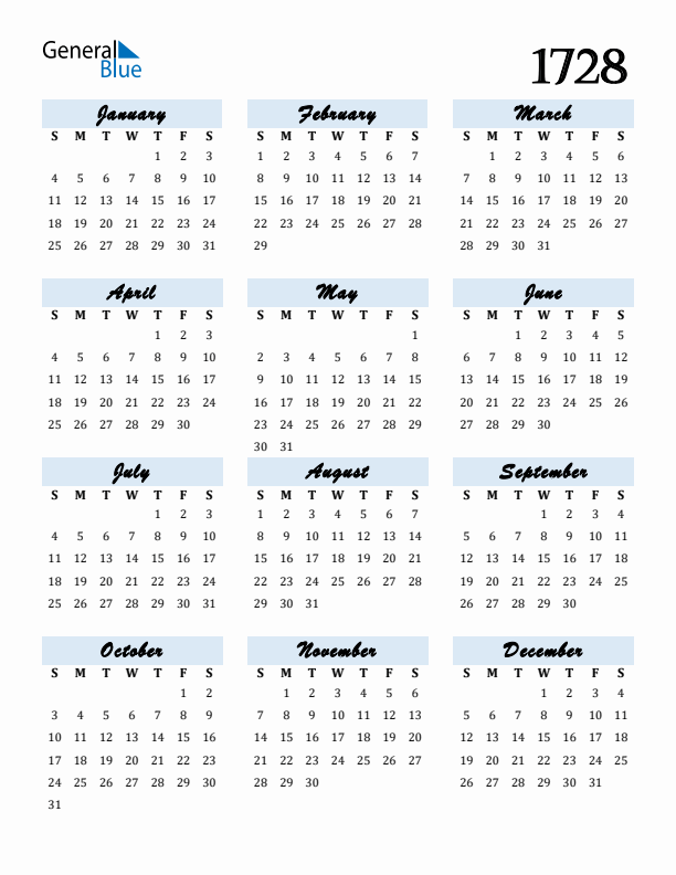 Calendar 1728 Free Download and Print