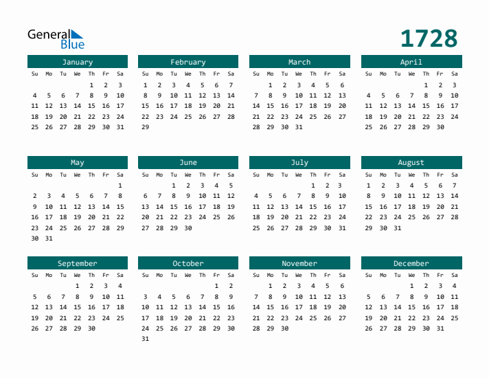 Downloadable 1728 Calendar