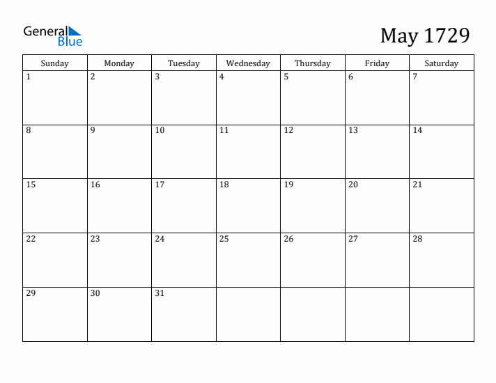 May 1729 Calendar