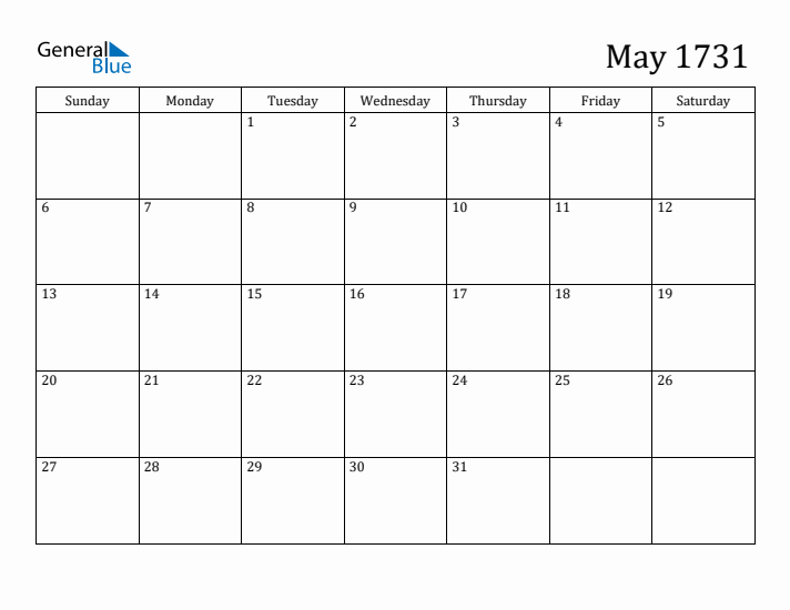 May 1731 Calendar