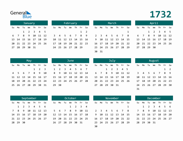 Downloadable 1732 Calendar