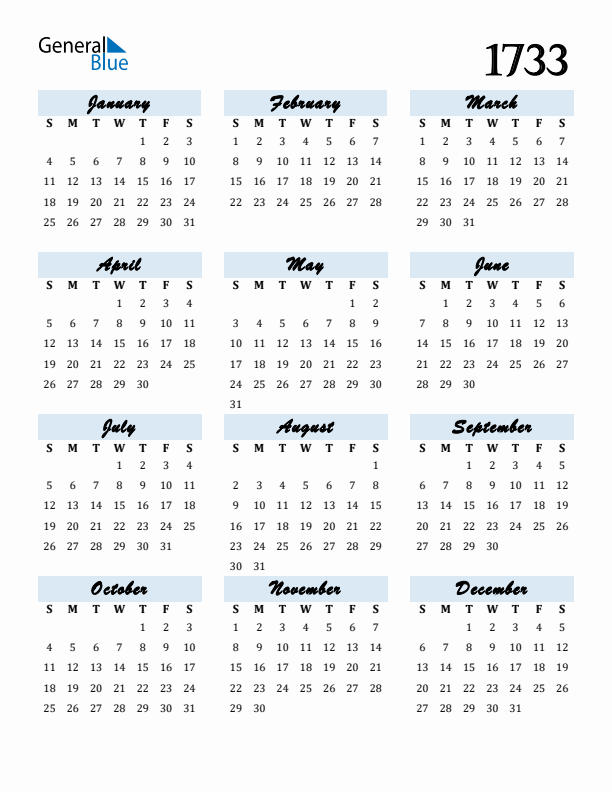 Calendar 1733 Free Download and Print