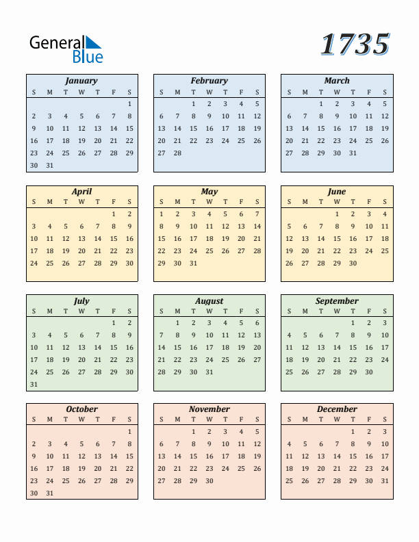 Calendar for 1735 (Sunday Start)