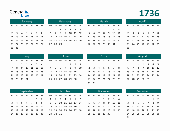 Downloadable 1736 Calendar