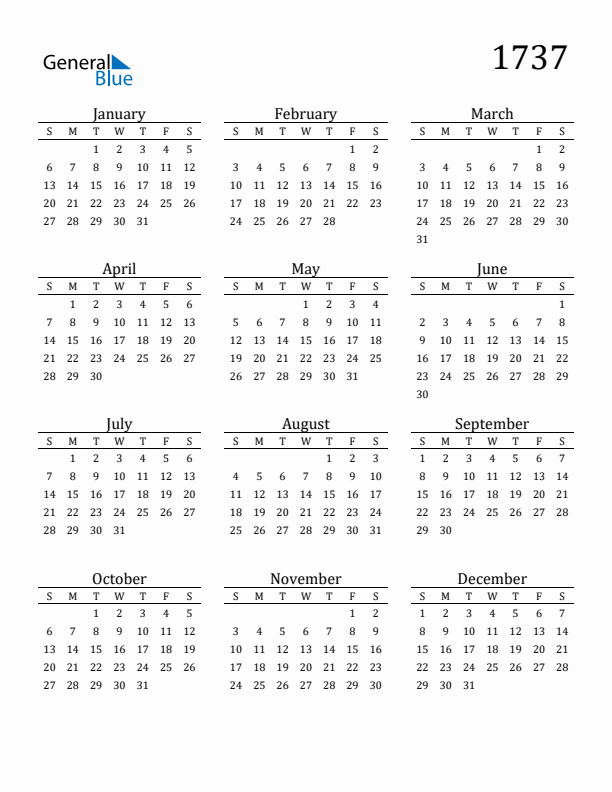 Free Printable Calendar 1737 with Sunday Start