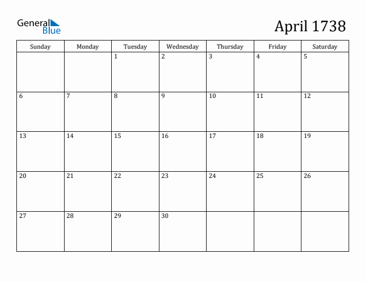 April 1738 Calendar