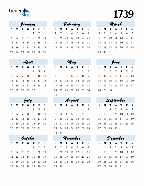 Calendar 1739 Free Download and Print