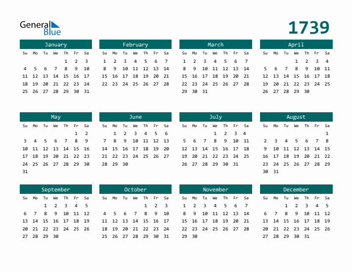 Downloadable 1739 Calendar