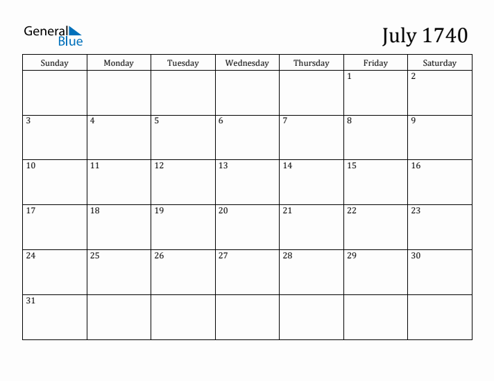 July 1740 Calendar