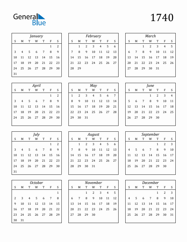 Blank Calendar 1740