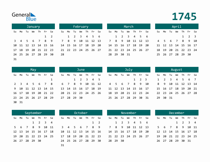 Downloadable 1745 Calendar