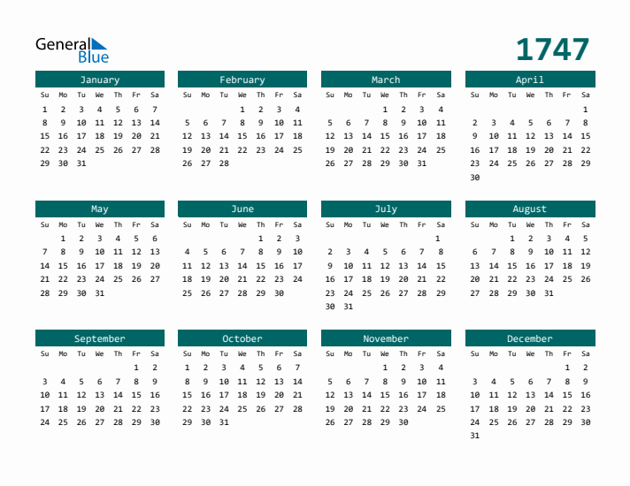 Downloadable 1747 Calendar