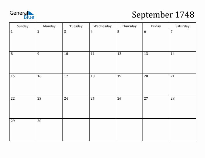 September 1748 Calendar