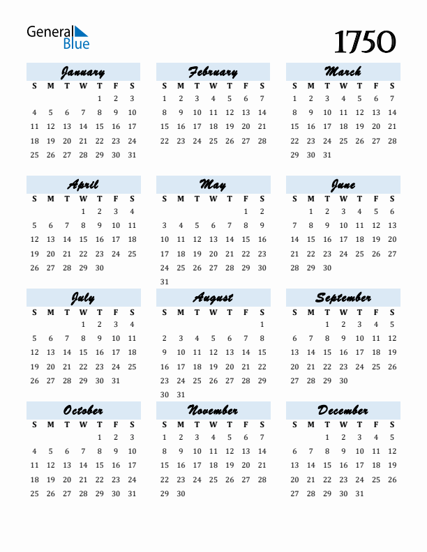 Calendar 1750 Free Download and Print