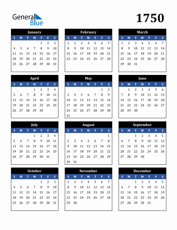 Editable Calendar 1750 - Sunday Start