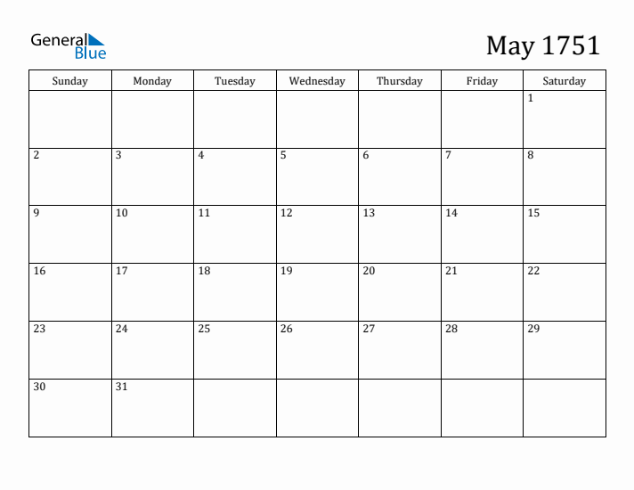 May 1751 Calendar