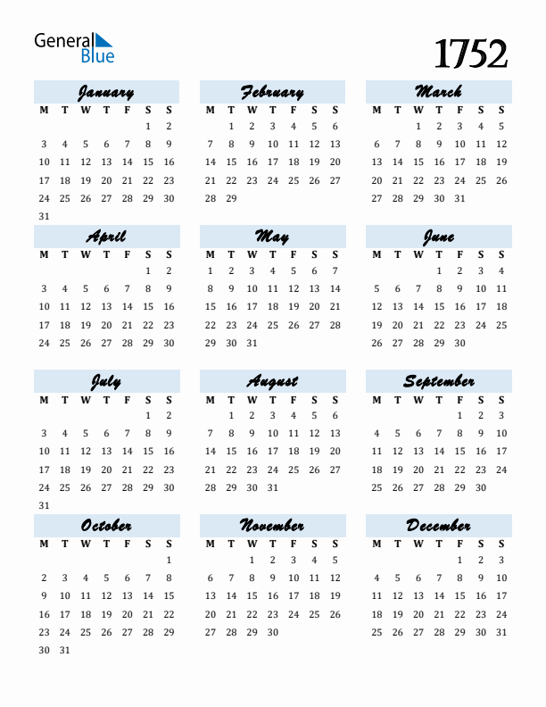 Calendar 1752 Free Download and Print