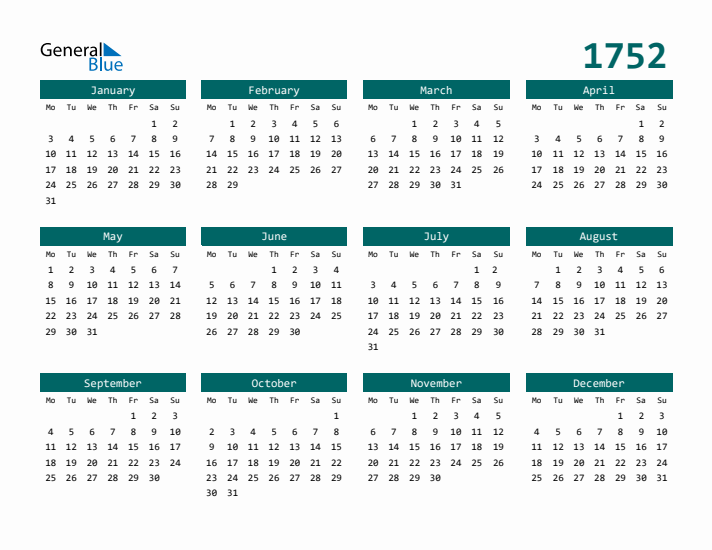 Downloadable 1752 Calendar