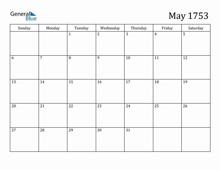 May 1753 Calendar