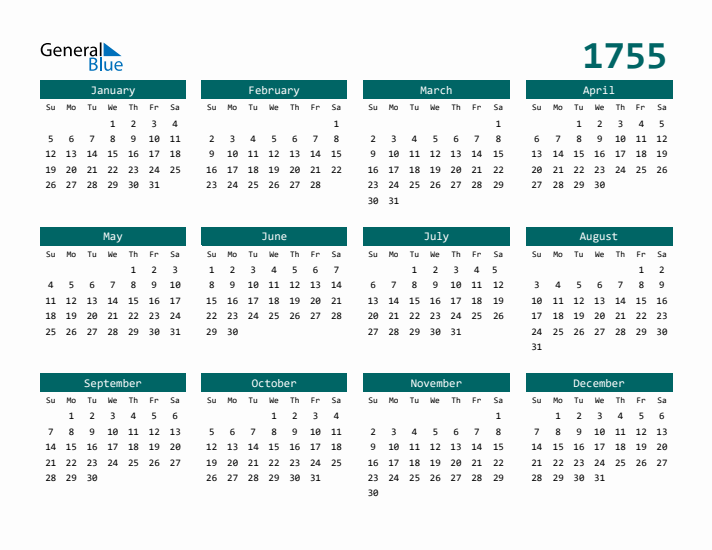 Downloadable 1755 Calendar