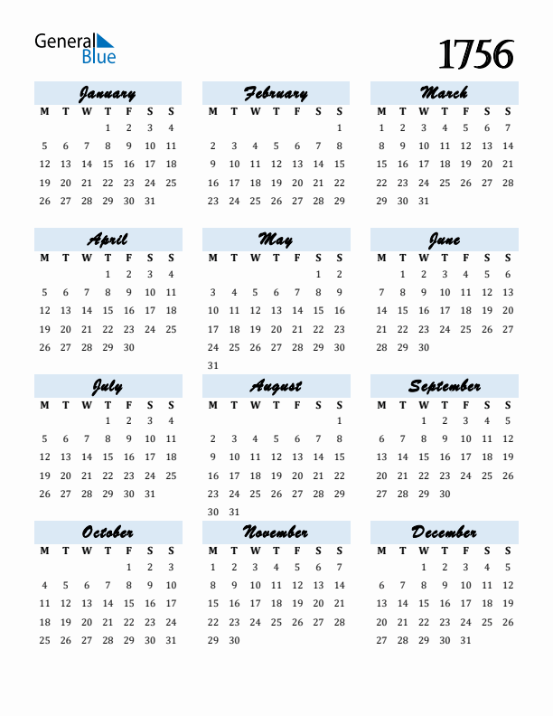 Calendar 1756 Free Download and Print