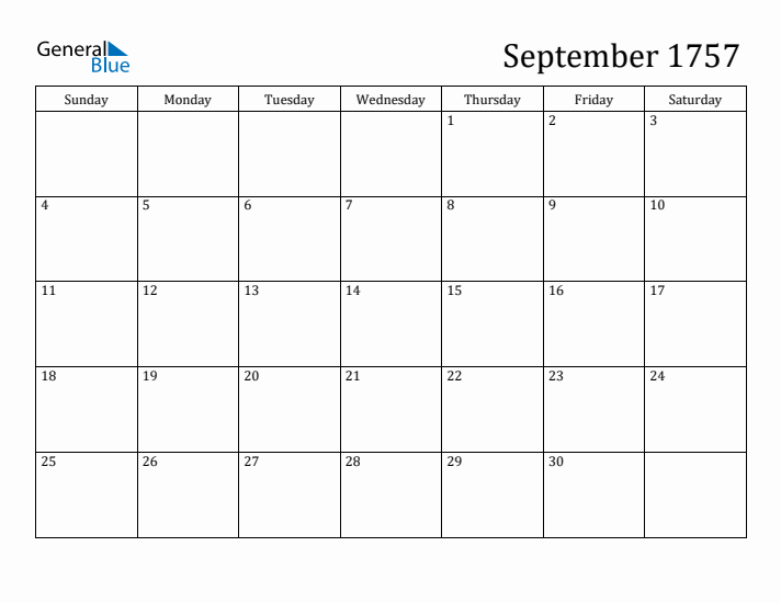 September 1757 Calendar