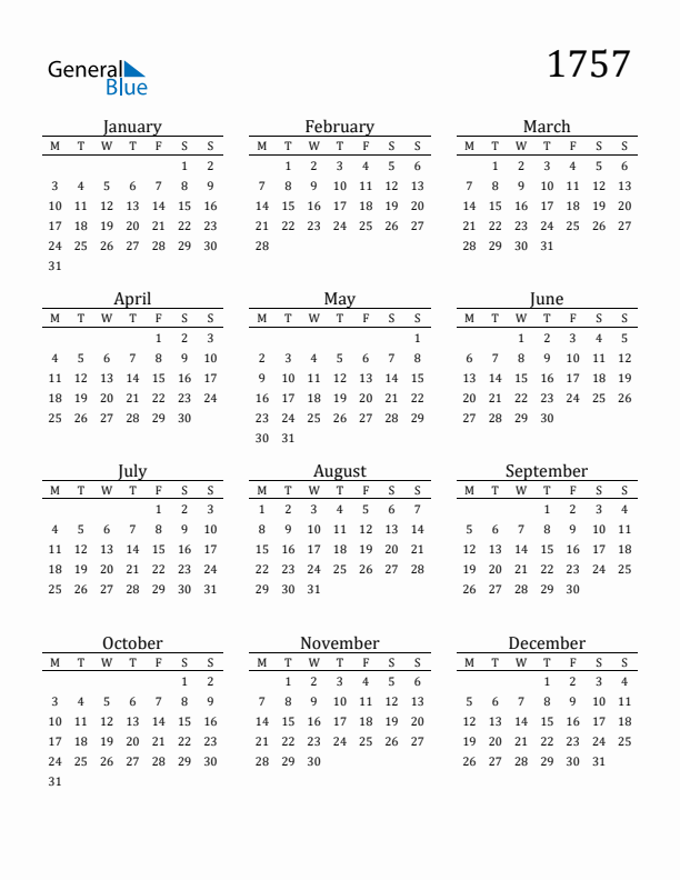 Free Printable Calendar 1757 with Monday Start