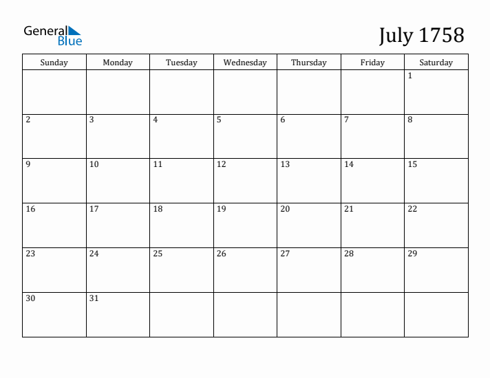 July 1758 Calendar