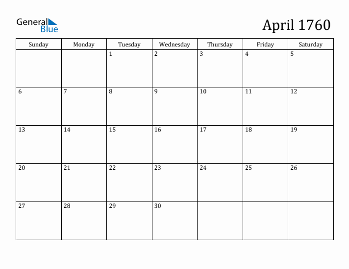 April 1760 Calendar