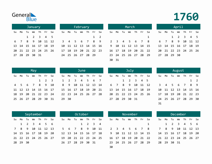 Downloadable 1760 Calendar