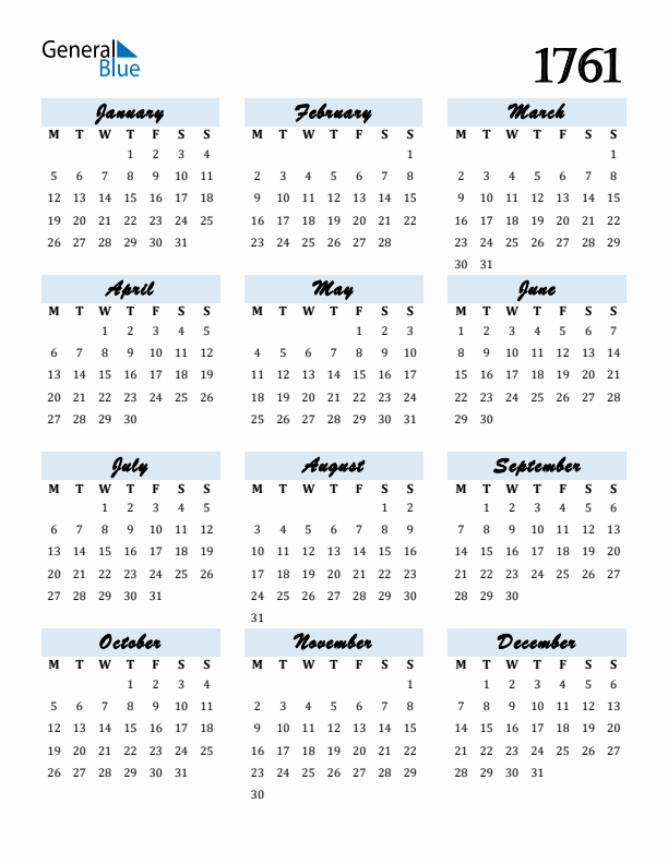 Calendar 1761 Free Download and Print