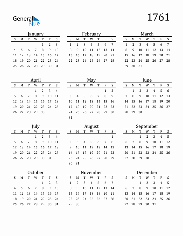 Free Printable Calendar 1761 with Sunday Start