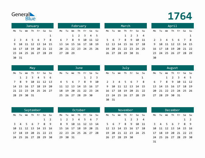 Downloadable 1764 Calendar