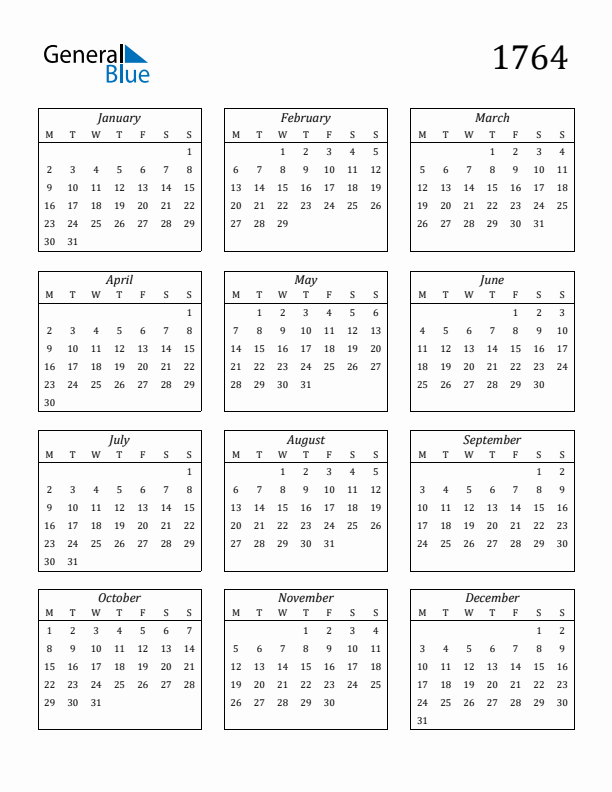 Blank Calendar 1764