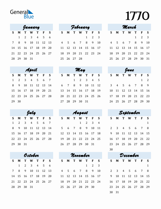 Calendar 1770 Free Download and Print