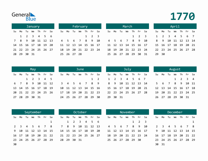 Downloadable 1770 Calendar