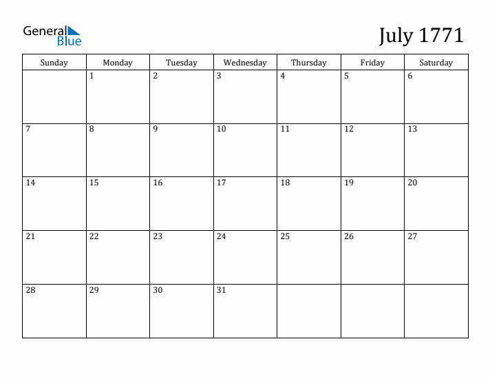 July 1771 Calendar