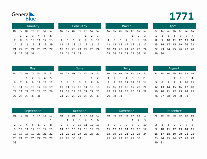 Downloadable 1771 Calendar