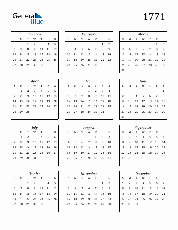 Blank Calendar 1771