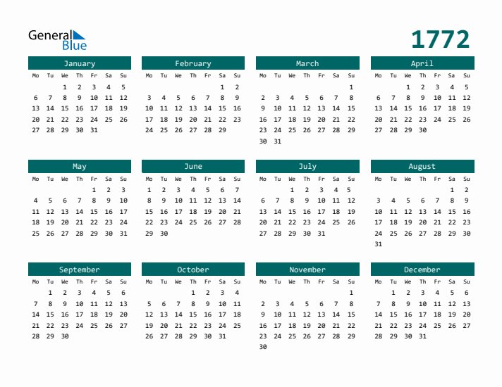 Downloadable 1772 Calendar