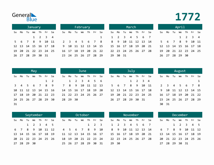 Downloadable 1772 Calendar