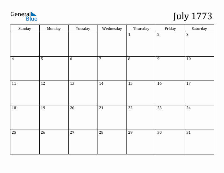 July 1773 Calendar