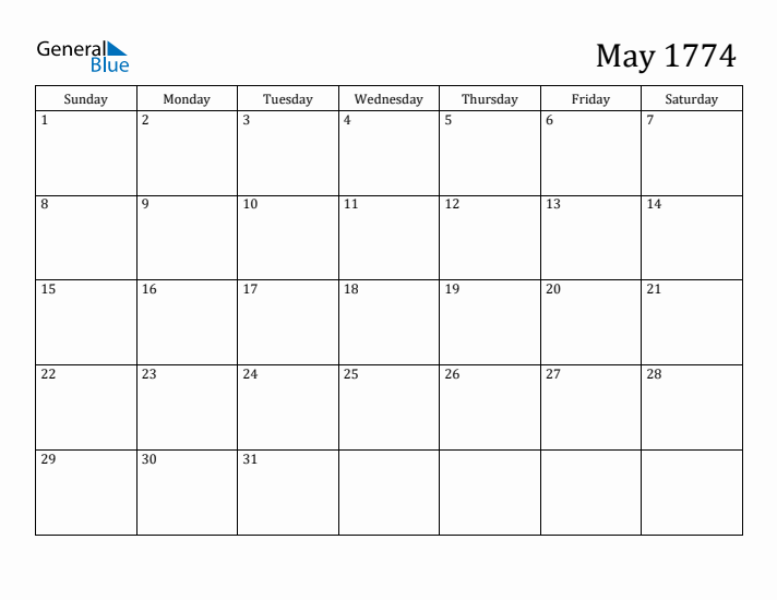 May 1774 Calendar