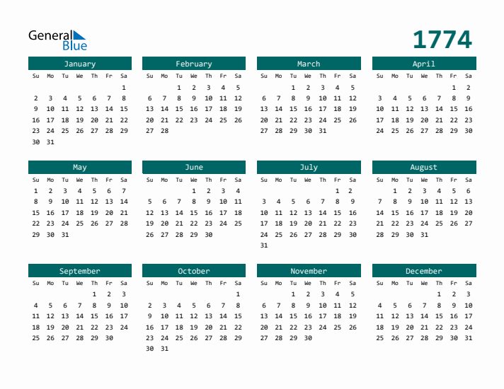 Downloadable 1774 Calendar