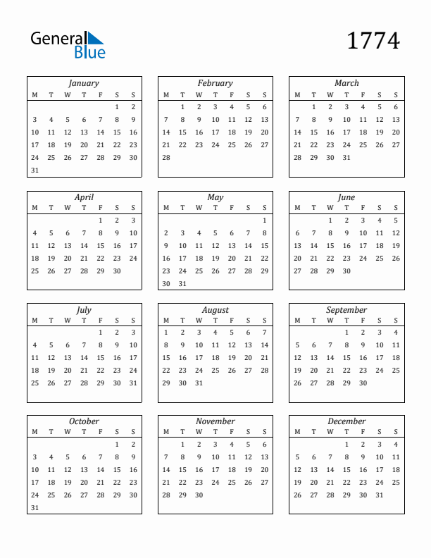 Blank Calendar 1774