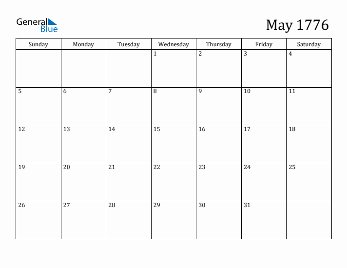 May 1776 Calendar