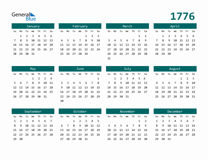 Downloadable 1776 Calendar