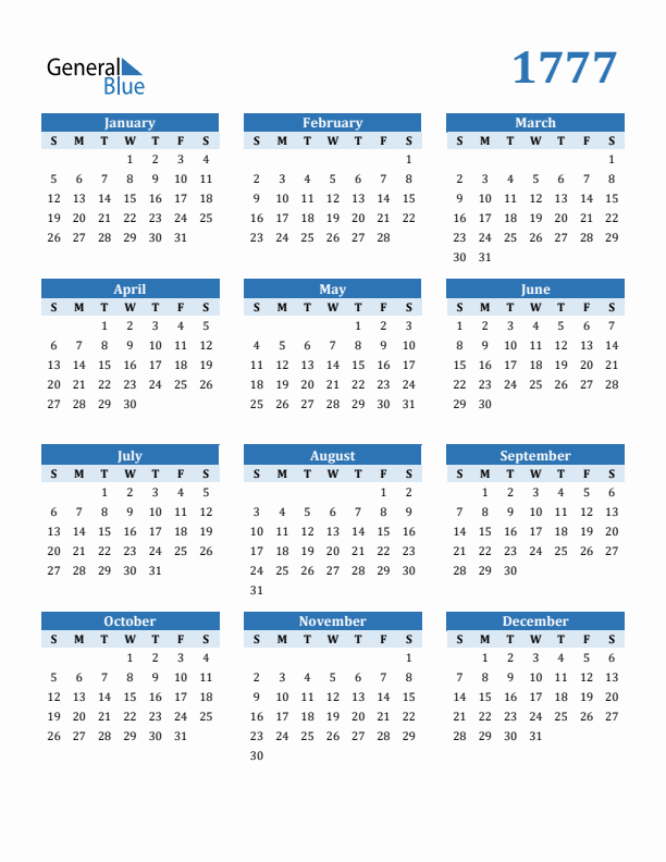 1777 Year Calendar with Sunday Start