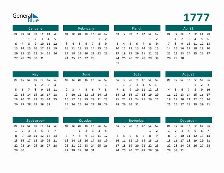 Downloadable 1777 Calendar